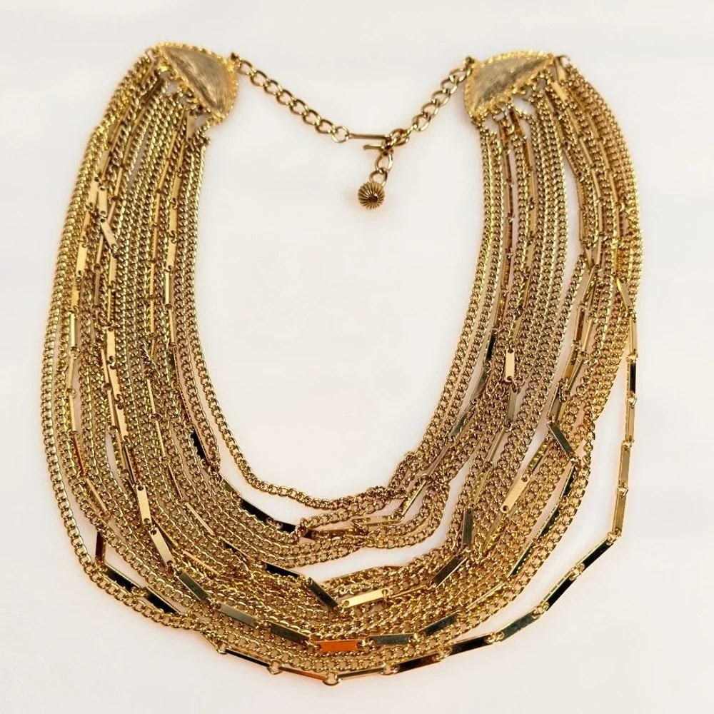 Vintage Multi Strand Necklace Bib Gold Tone Chain  Adjustable 17